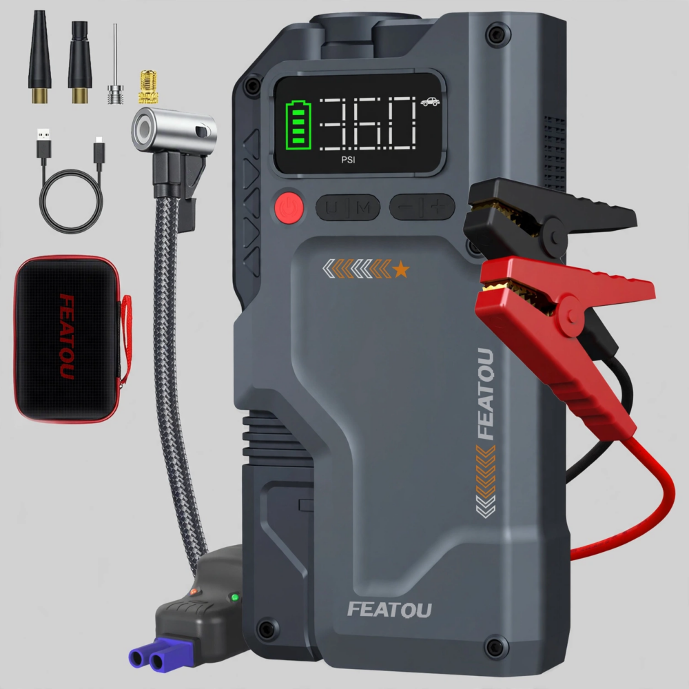Studio front view of the black edition 6000A Jump Starter with Air Compressor featuring smart jumper cables and digital screen.