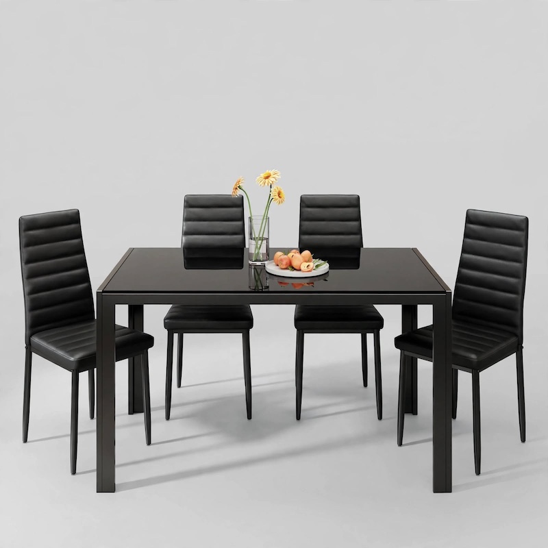 Straight-on front view of the complete Asofer 5 Piece Glass Top Dining Set staged against a clean neutral background.