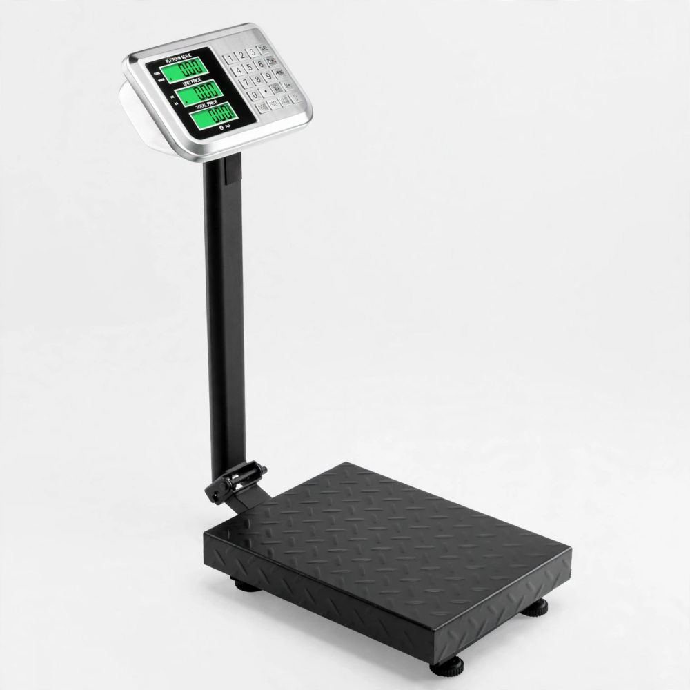 A studio shot of a black color commercial platform scale featuring a diamond plate platform and digital display against a plain white background