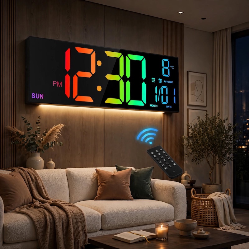 Elegant living room interior featuring a mounted multi-color display black Digital Wall Clock with Remote Control above a white sofa.