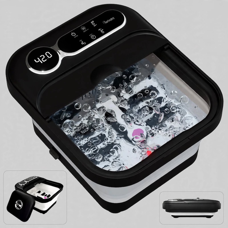 Front perspective of the running black Foldable Foot Spa Massager accompanied by compact folded thumbnail views.
