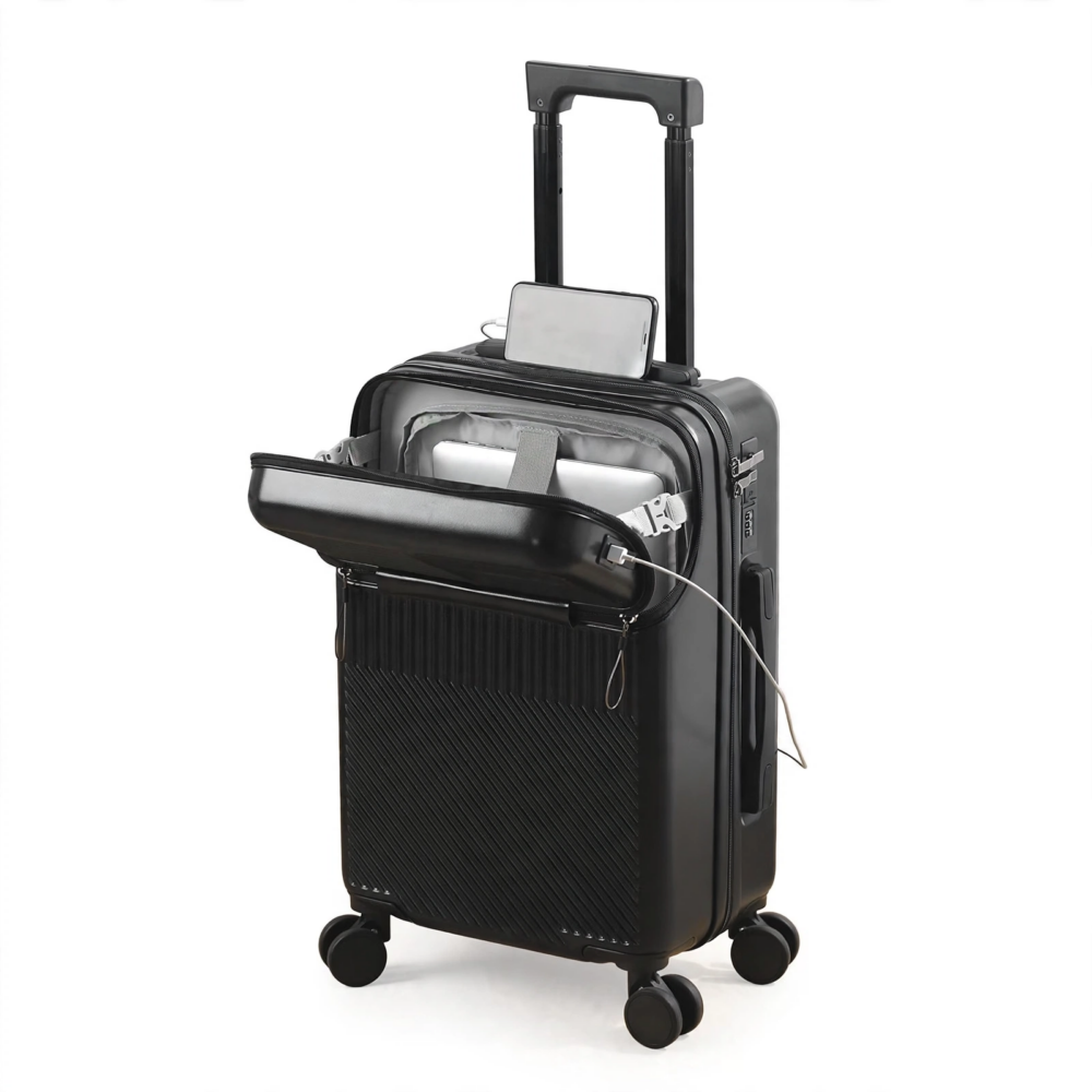 Full front view of the black color Luggage Case 20 Inch Luggage against a white background, showing an open laptop compartment and built-in phone holder.