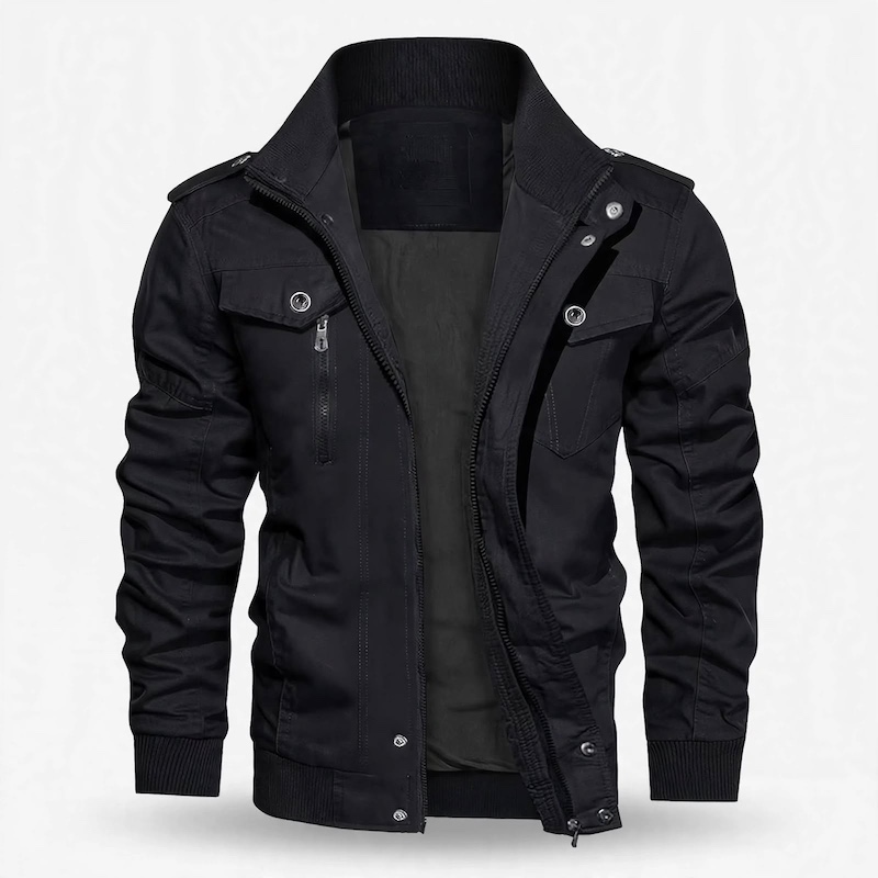 Men's Tactical Jacket Practical Men's Tactical Jacket | Multiple Pockets, Workwear Style Coat 5 Front studio view of an open black color Men's Tactical Jacket Practical showcasing its full utility layout.