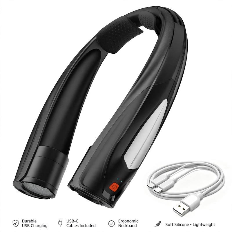 Ultra-Long Battery Life: 6-20 Hours, Dual Wind Speeds, Super Quiet Brushless Motor, 3000mAh*2, Durable USB Charging, Soft Silicone Neck Strap, Ideal for Work, Travel, Sports, and Outdoor Activities, Outdoor Sports Fan|Ergonomic Neckband Fan|Durable 1 Ultra-Long Battery Life A studio product shot of the black color Outdoor Sports Fan presented alongside its included white USB-C charging cable.