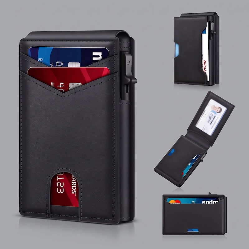 A hand holding a textured black pop-up card holder and demonstrating how to pull a single red credit card from the exterior v-cut pocket.