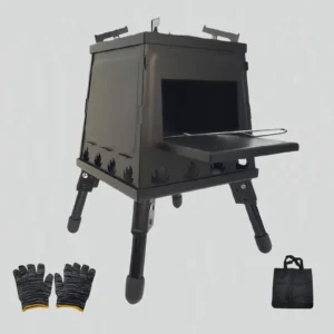 Front view of black Portable Wood Burning Camp Stove with folding shelf, protective gloves, and carry bag