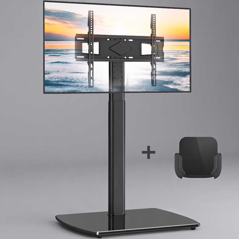 A black swivel TV floor stand with a large TV showing a sunset scene, and a separate mounting bracket for streaming devices to the right.