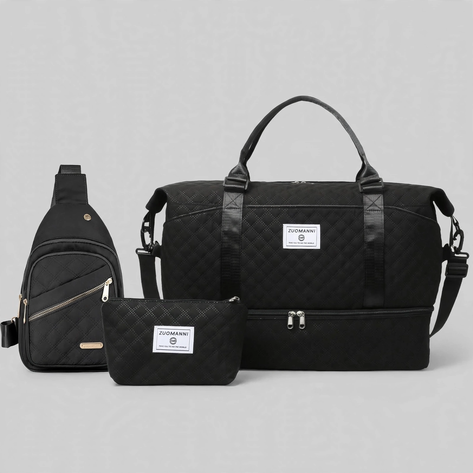 A Three-Piece Travel Set Including a Tote Bag, a Toiletry Bag, And a Shoulder Bag, Featuring a Spacious Independent Shoe Compartment, Perfect for Outdoor Fitness, Travel, Overnight Stays, And Weekend Trips 16 mrali front view black Tote Bag