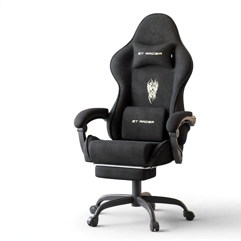 comfortable STRACER Velvet Upholstered Gaming Chair Featuring a Footrest, High Back Design, Ergonomic Support for Gamers, Includes Headrest And Massage Lumbar Pillow, Racing Style Reclining Video Game Chair 8 Studio product front view of the black color Velvet Upholstered Gaming Chair against a clean white background, showcasing its full silhouette and adjustable footrest.