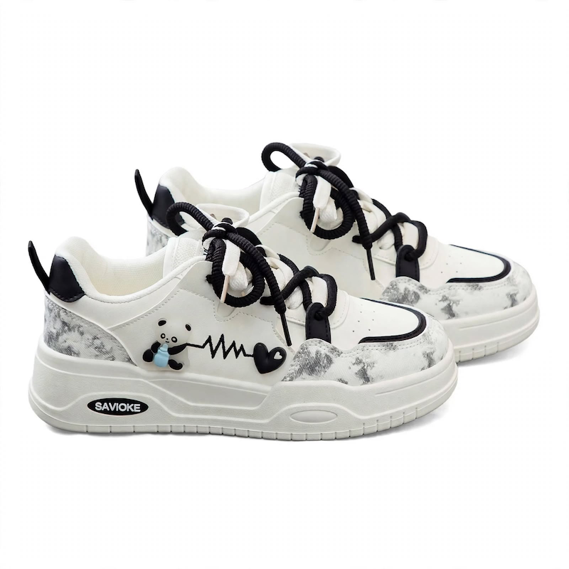Women's White Platform Sneakers - Chunky Platform Shoes with Upper & PVC Sole, Lace-Up Mid-Top Casual Athletic Wear Suitable for Spring/Autumn, - Comfortable Footwear, Women Shoes 1 Front angle product view of a pair of black color Women's White Platform Sneakers on a pure white background.