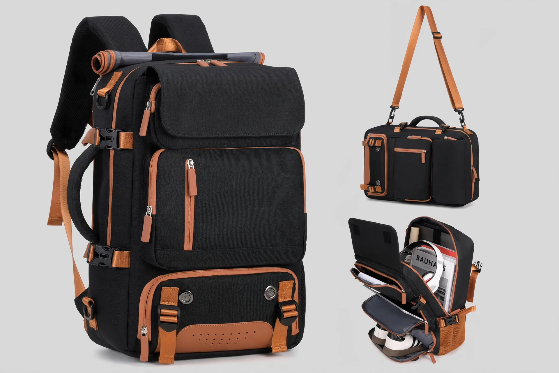 A Versatile Large-Capacity Backpack for Students, Suitable for Short Trips, Laptops, And Various Uses, Including Dual Shoulder Straps And a Convenient Carry Option 15 A studio display showing a black color Versatile Large-Capacity Backpack for Students alongside its duffel and open compartment views.