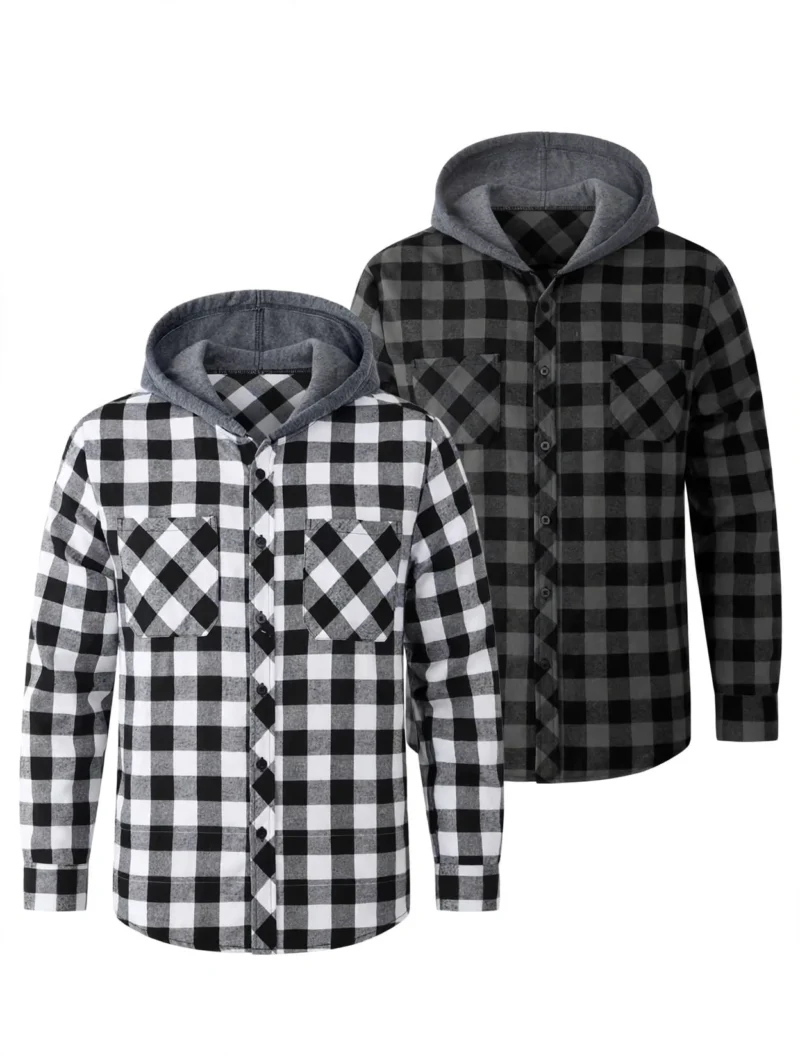 2pcs Men's New York Fashion Trendy Plaid Shirt Hoodie, Plaid Pullover Sweatshirt Flannel Hoodie 9 Two fashion trendy plaid shirt hoodies presented side by side, featuring a black-and-white pattern on the left and a dark gray plaid pattern on the right.