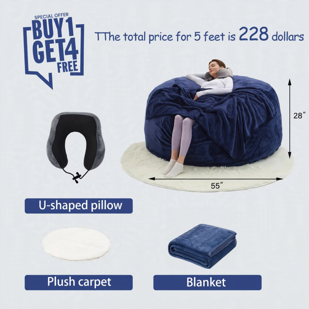 Front angle presentation of a woman relaxing on a blue color 6ft memory foam furniture bean bag accompanied by free gifts including a pillow, carpet, and blanket.