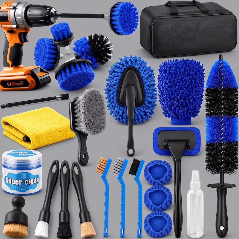 26pcs Car Detailing Brush Set, Car Detailing Kit, Car Detailing Brushes, Car Cleaning Kit, Car Windshield Cleaning Tool, Professional Car Care Kit - Car Wash Brush Kit for Interior Exterior Wheels 1 A flat lay product photograph displaying the entire 26pcs Car Detailing Brush Set on a plain gray background. The set includes various brushes (round, flat, wire), microfiber towels, wash mitts, drill brush attachments, and a black storage bag, with a small jar labeled "Super clean".