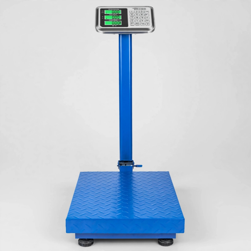Electronic Industrial Commercial Platform Scale,Stainless Steel High-Definition LCD Display, Digital Floor Heavy Duty, Luggage Package Price Computing Postal Shipping Mailing 3 A full studio shot of a blue color commercial platform scale featuring a diamond plate platform and digital display against a clean white background