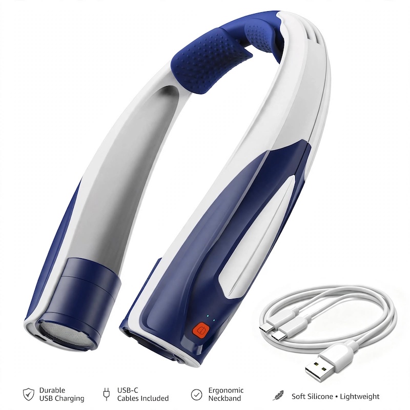 Ultra-Long Battery Life: 6-20 Hours, Dual Wind Speeds, Super Quiet Brushless Motor, 3000mAh*2, Durable USB Charging, Soft Silicone Neck Strap, Ideal for Work, Travel, Sports, and Outdoor Activities, Outdoor Sports Fan|Ergonomic Neckband Fan|Durable 9 A clean product studio shot of the blue color Outdoor Sports Fan featuring a blue and white body, displayed alongside its matching USB-C charging cable.