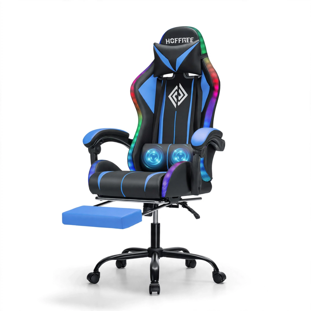 1.2 Two-Point Massage Lumbar Front three-quarter view of a blue and black Hoffree gaming chair with a footrest and 1.2 Two-Point Massage Lumbar support.