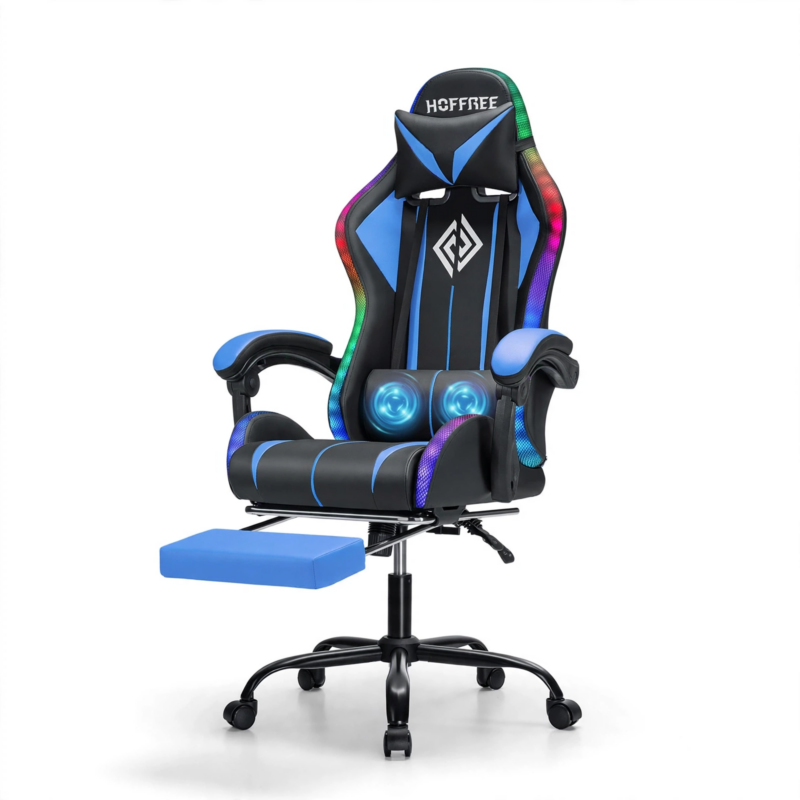 New Model 1.2 Two-Point Massage Lumbar with 135-Degree LED Light Strip 1 1.2 Two-Point Massage Lumbar Front three-quarter view of a blue and black Hoffree gaming chair with a footrest and 1.2 Two-Point Massage Lumbar support.