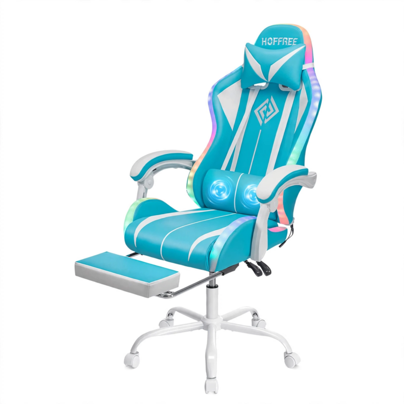 New Model 1.2 Two-Point Massage Lumbar with 135-Degree LED Light Strip 7 Front three-quarter perspective of a cyan and white Hoffree gaming chair featuring an extended footrest and 1.2 Two-Point Massage Lumbar.