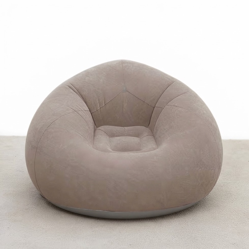 A Large Inflatable Lazy Sofa Chair, Made of PVC Bean Bag Material, Suitable for Indoor And Outdoor Seating 10 A professional studio product shot of a large, taupe-brown, flocked brown color Inflatable Lazy Sofa Chair with a grey base ring, isolated on a white background.