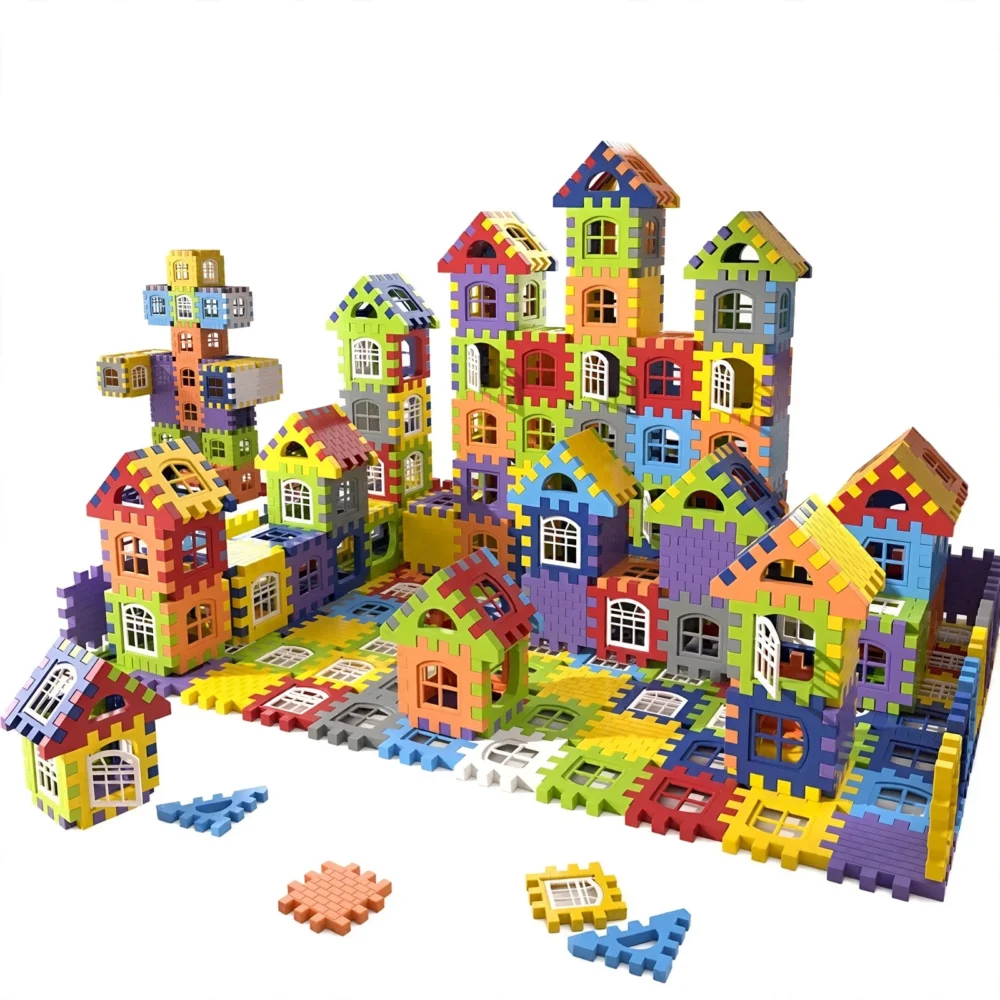 A banner and showcase of the Block Set Educational STEM Toy shaped into a connected town village inside a cozy room.