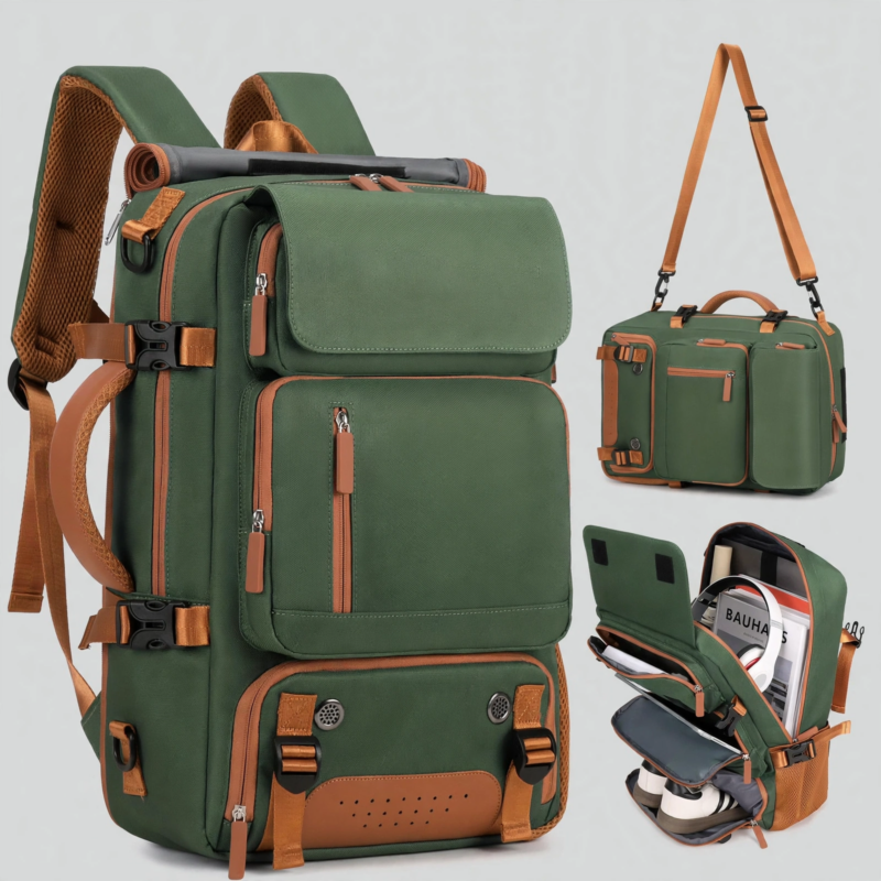 A Versatile Large-Capacity Backpack for Students, Suitable for Short Trips, Laptops, And Various Uses, Including Dual Shoulder Straps And a Convenient Carry Option 2 A studio shot featuring the fern green color Versatile Large-Capacity Backpack for Students next to alternate carrying configurations and open organized pockets.