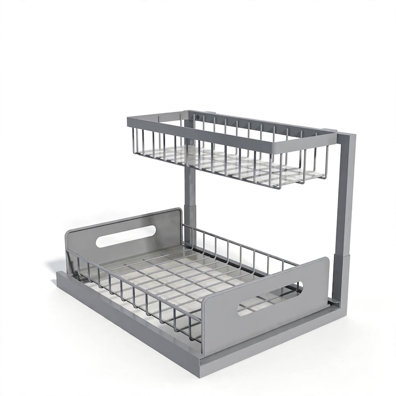 reliable Metal Under Sink Organizers, Pull Out Under Sink Storage Shelves with Sliding Drawer for Kitchen, Bathroom (1pack/2pack) 8 Studio front view of the gray 1pack Metal Under Sink Organizers featuring a 2-tier design and pull-out sliding lower drawer.