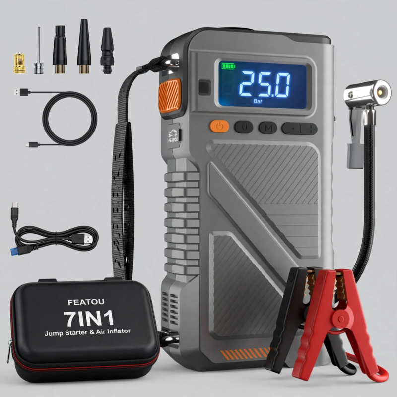 exclusive 6000A Jump Starter with Air Compressor, 7in 1 Function Jump Box 150PSI Jump Starter Battery Pack with Digital Tire Inflator, Car Battery Charger Portable for 2.64gal Gas Or2.38gal Diesel Battery Charger, Car Jumper Starter Portable, 6000A& 8000A 2 Studio front view of the gray 7-in-1 6000A Jump Starter with Air Compressor with inflation hose and attachments.