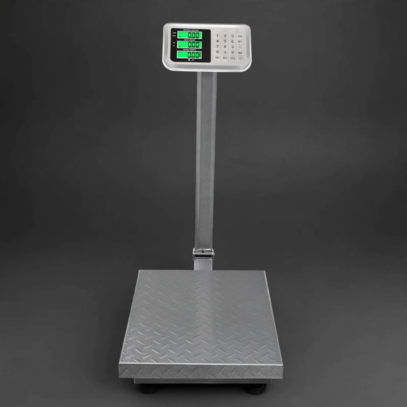 Electronic Industrial Commercial Platform Scale,Stainless Steel High-Definition LCD Display, Digital Floor Heavy Duty, Luggage Package Price Computing Postal Shipping Mailing 2 A studio shot of a gray color commercial platform scale featuring a diamond plate platform and digital display against a dark gray background