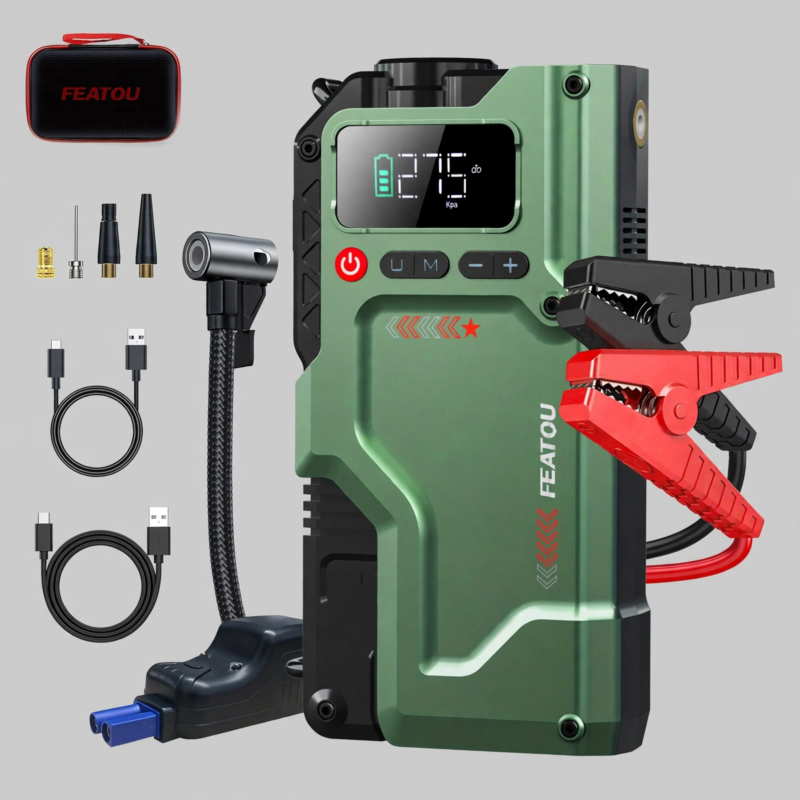 exclusive 6000A Jump Starter with Air Compressor, 7in 1 Function Jump Box 150PSI Jump Starter Battery Pack with Digital Tire Inflator, Car Battery Charger Portable for 2.64gal Gas Or2.38gal Diesel Battery Charger, Car Jumper Starter Portable, 6000A& 8000A 3 Studio front view of the tactical green 6000A Jump Starter with Air Compressor showing digital display and heavy-duty clamps.