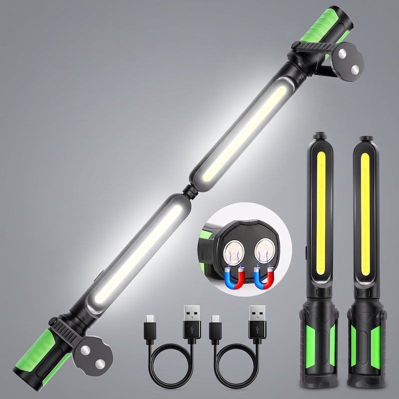 Complete kit containing a long, articulating green color Rechargeable Cordless Magnetic LED work light, two smaller vertical lights, USB charging cables, and a detailed view of the magnetic base.