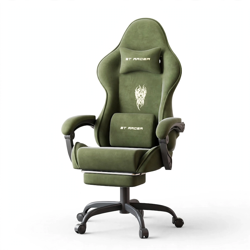 comfortable STRACER Velvet Upholstered Gaming Chair Featuring a Footrest, High Back Design, Ergonomic Support for Gamers, Includes Headrest And Massage Lumbar Pillow, Racing Style Reclining Video Game Chair 9 A high-resolution product photo of a green color Velvet Upholstered Gaming Chair, isolated on a clean white background, viewed from a three-quarter angle.