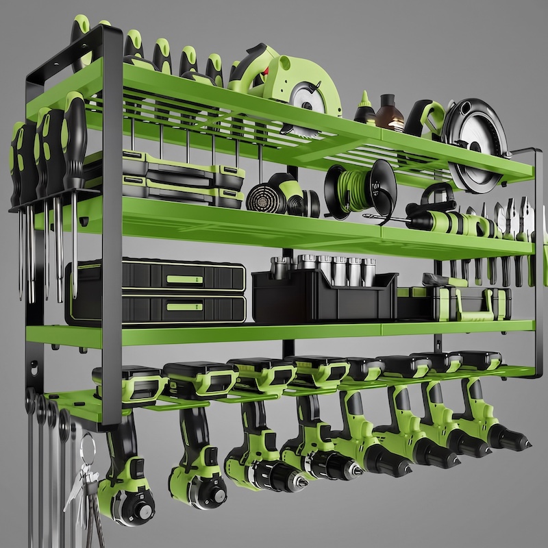 Wall-Mounted Electric Tool Organizer, 4-Tier Wireless Tool Storage with 8 Drill Bit Holders, Practical Garage Rack, Gift for Men, Boyfriends, Husbands, and Partners - Valentine's Day Gifts, Storage Racks 7 Front view of a fully loaded green Wall-Mounted Electric Tool Organizer packed with power drills, screwdrivers, and workshop gear.