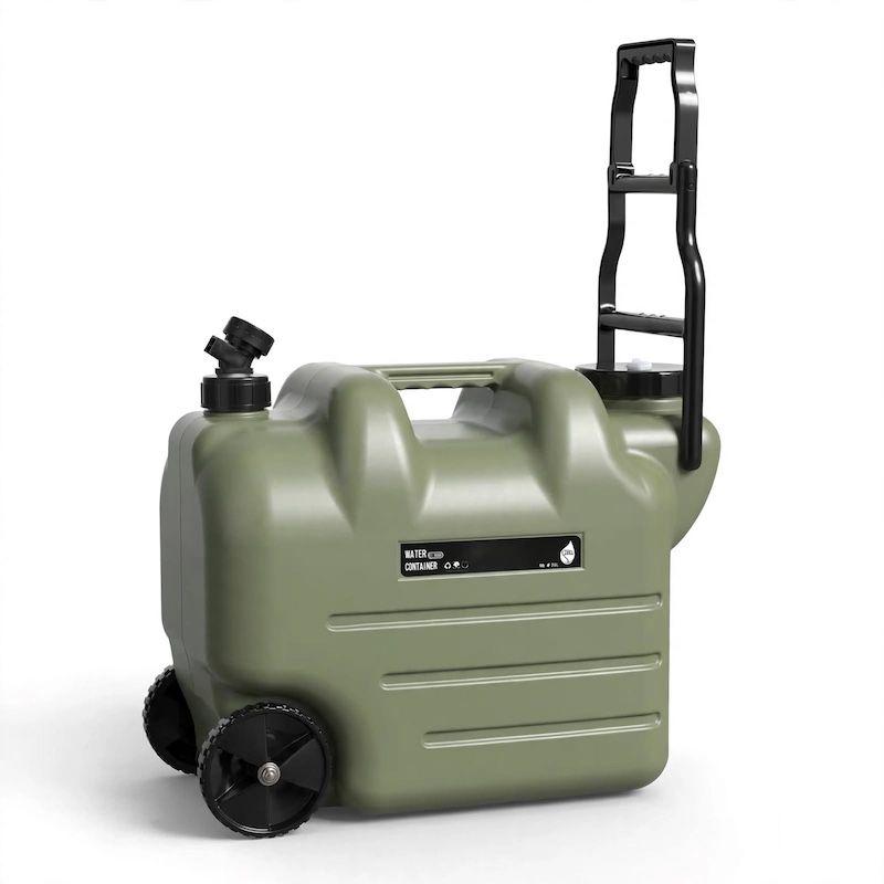 Studio front view of a green Water Bucket with Wheels featuring a black retractable pull handle and integrated faucet.