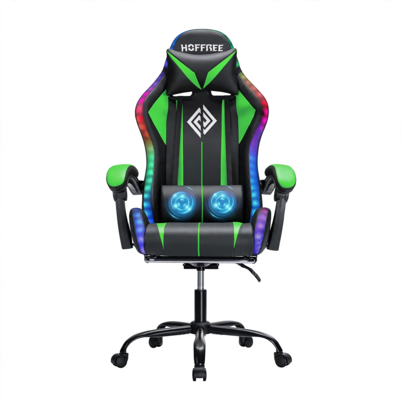 New Model 1.2 Two-Point Massage Lumbar with 135-Degree LED Light Strip 6 Front view of a green and black Hoffree gaming chair featuring neon RGB side highlights and a 1.2 Two-Point Massage Lumbar cushion.