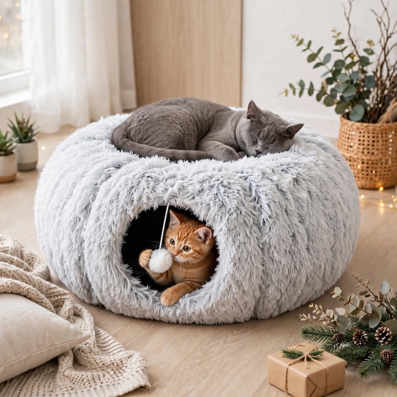 Front view of a grey cat sleeping on top of a fluffy grey Cat Tunnel Bed while an orange tabby cat plays with a hanging white pom-pom inside the tunnel entrance.