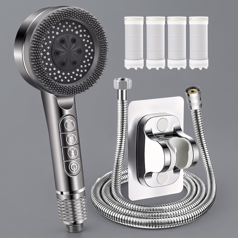 Complete 7-piece grey color pressurized shower head kit laid out, including filters and hose.