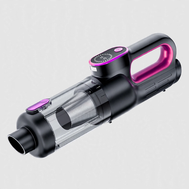 Studio front view of a sleek black and purple wireless handheld vacuum cleaner against a clean background.