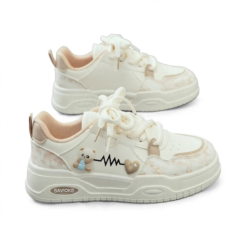 Women's White Platform Sneakers - Chunky Platform Shoes with Upper & PVC Sole, Lace-Up Mid-Top Casual Athletic Wear Suitable for Spring/Autumn, - Comfortable Footwear, Women Shoes 8 Front angle product view of a pair of khaki color Women's White Platform Sneakers on a clean white background.