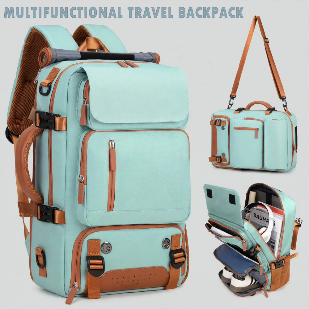 A studio product showcase of the light green color Versatile Large-Capacity Backpack for Students alongside its duffel format and open packed compartments.