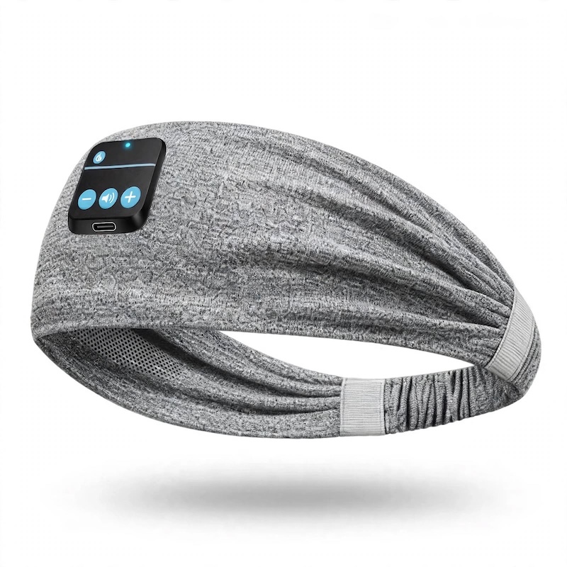 Front studio shot of light grey Wireless Headphones Powerway featuring an integrated control panel and soft knit fabric.