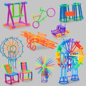 magic Wand Building blocks set Kit Front view of various colorful structures built using the magic Wand Building blocks set Kit against a grey background