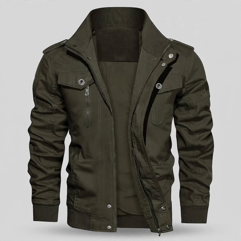Men's Tactical Jacket Practical Men's Tactical Jacket | Multiple Pockets, Workwear Style Coat 6 Front studio view of an open olive green color Men's Tactical Jacket Practical featuring utility chest pockets and a stand-up collar.