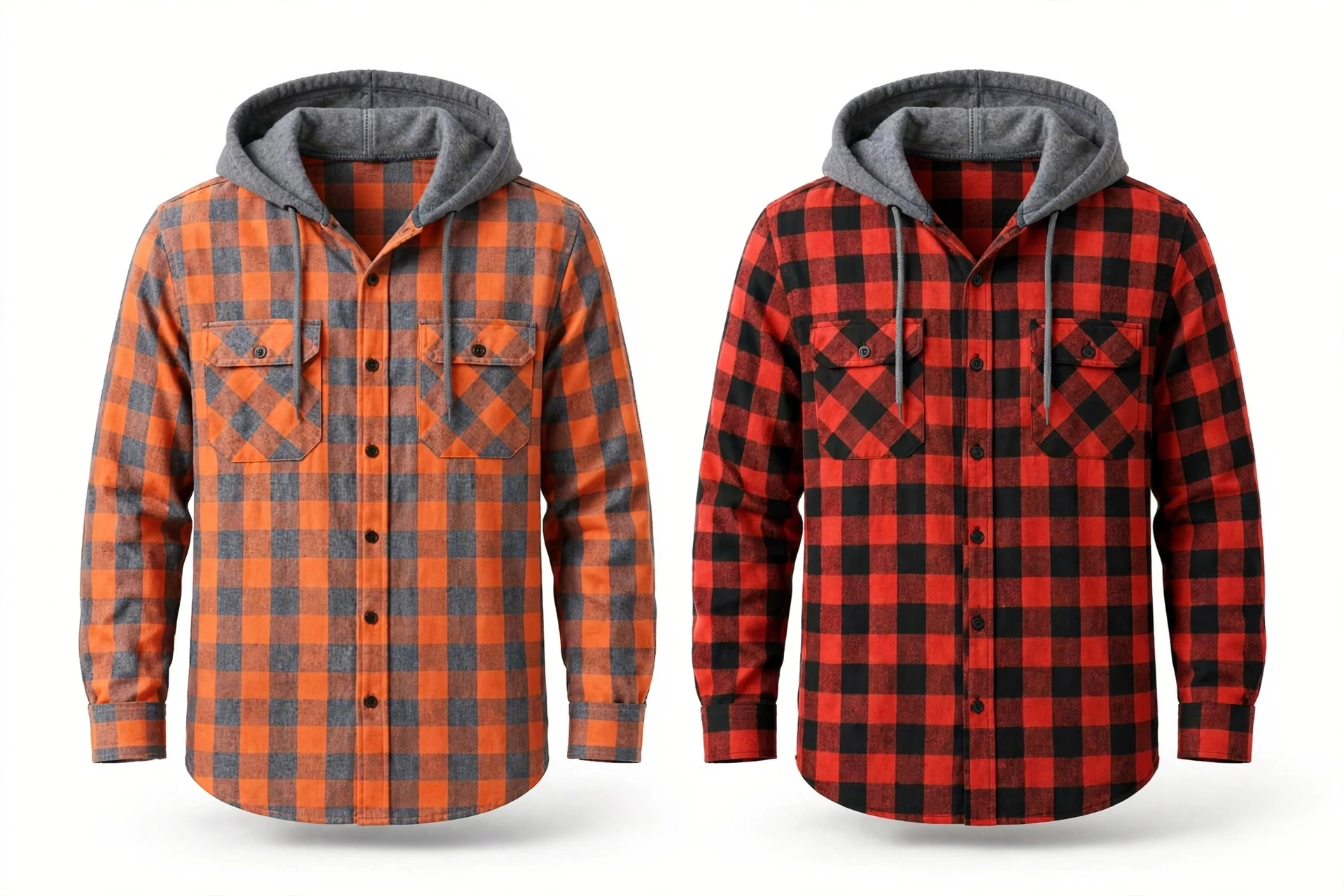 2pcs Men's New York Fashion Trendy Plaid Shirt Hoodie, Plaid Pullover Sweatshirt Flannel Hoodie 30 mrali front view orange gray red