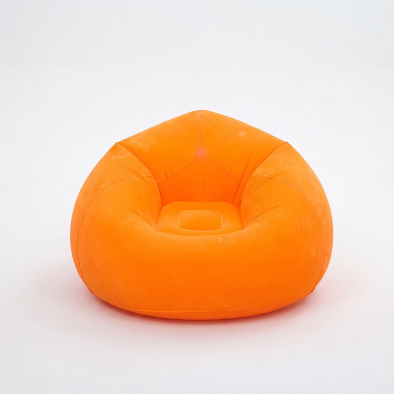 A Large Inflatable Lazy Sofa Chair, Made of PVC Bean Bag Material, Suitable for Indoor And Outdoor Seating 11 A bright orange color Inflatable Lazy Sofa Chair with a flocked, textured surface, shown in a three-quarter view against a seamless white studio background.