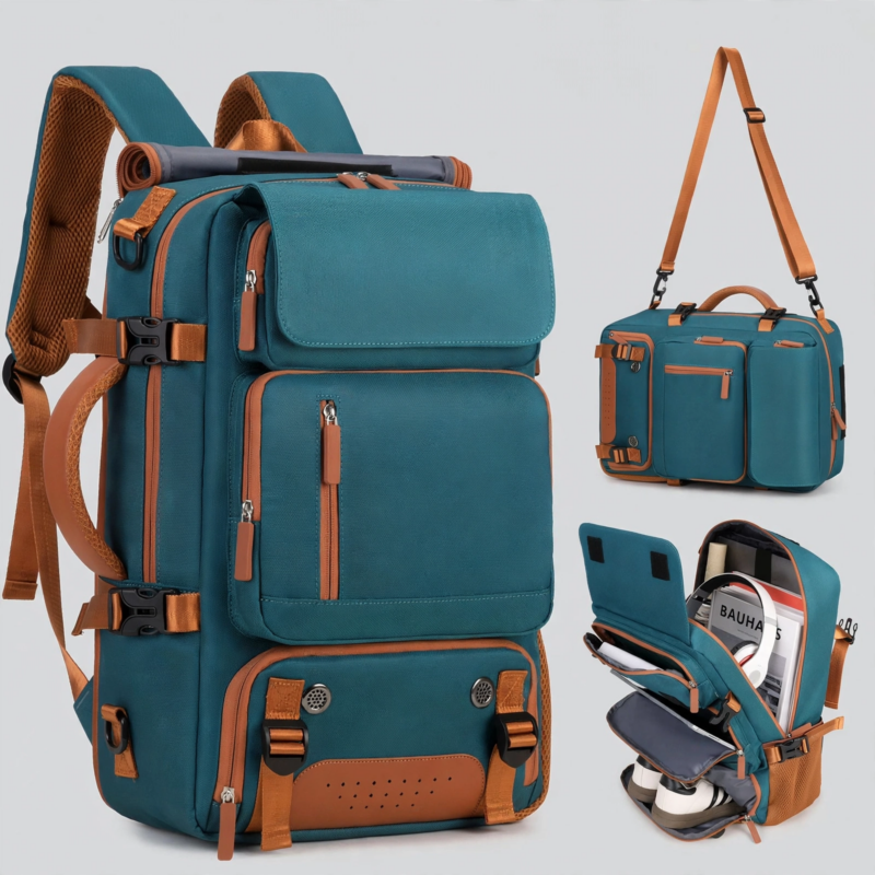 A Versatile Large-Capacity Backpack for Students, Suitable for Short Trips, Laptops, And Various Uses, Including Dual Shoulder Straps And a Convenient Carry Option 4 A studio product layout of the peacock blue color Versatile Large-Capacity Backpack for Students showing front, duffel, and open compartment views.