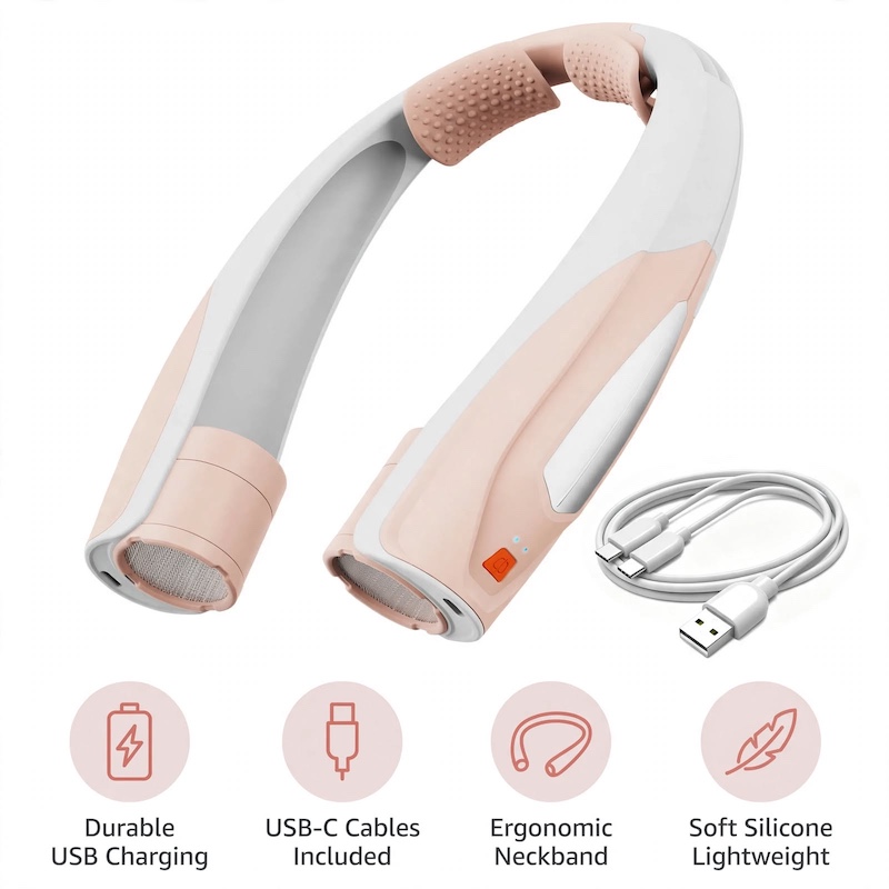 Ultra-Long Battery Life: 6-20 Hours, Dual Wind Speeds, Super Quiet Brushless Motor, 3000mAh*2, Durable USB Charging, Soft Silicone Neck Strap, Ideal for Work, Travel, Sports, and Outdoor Activities, Outdoor Sports Fan|Ergonomic Neckband Fan|Durable 10 A studio shot of a pink and white wearable neck fan paired with a white USB-C charging cable, featuring icons for durable USB charging, ergonomic neckband, and lightweight silicone design.