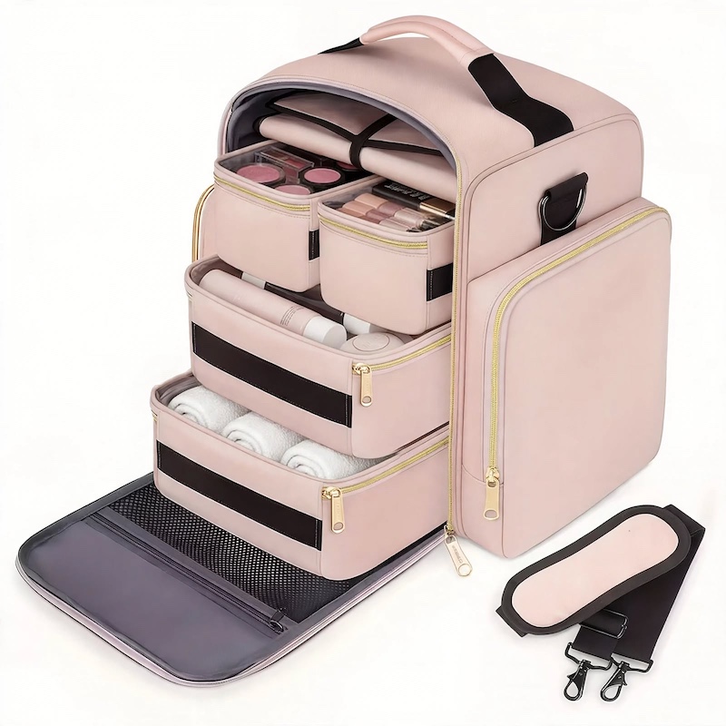 Travel Makeup Bag Spacious for Holidays/4 Detachable Cases/Jewelry Roll/Various Storage Compartments/Cosmetics, Toiletries, Skincare, Hair Products/Perfect Gifts for Women/Christmas 1 Front view of an open pink travel makeup bag spacious for holidays, displaying multiple stacked internal cases and a detachable shoulder strap.