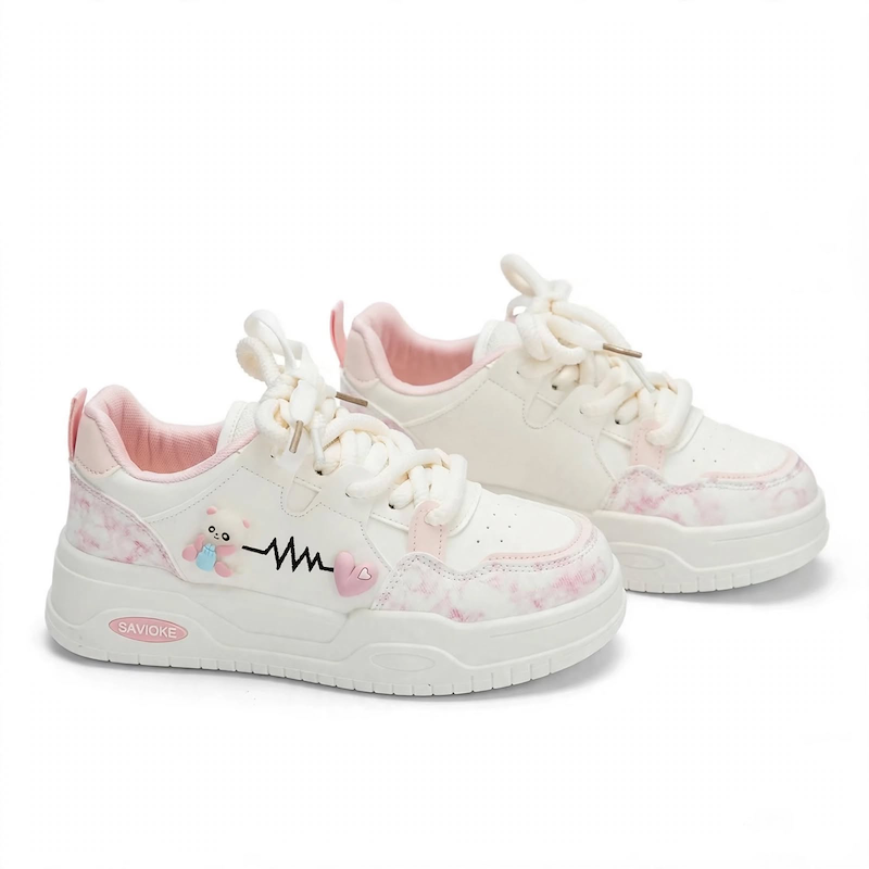 Women's White Platform Sneakers - Chunky Platform Shoes with Upper & PVC Sole, Lace-Up Mid-Top Casual Athletic Wear Suitable for Spring/Autumn, - Comfortable Footwear, Women Shoes 20 A clean studio product shot of a pair of pink color Women's White Platform Sneakers, angled to show both the side and front.