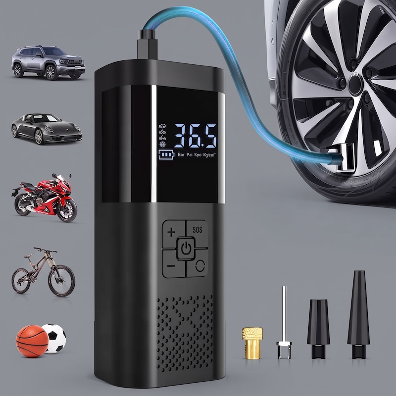 Comprehensive kit for a portable tire inflator 150psi with various nozzles and vehicle attachments.